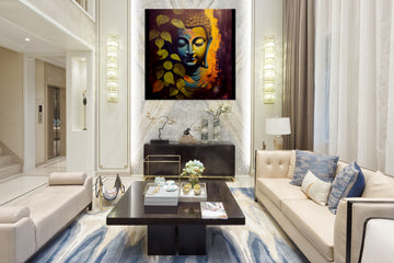 Buddha's Serenity: A Modern Oil Color Print of Lord Buddha's Face with Leaf-like Structures in the Background