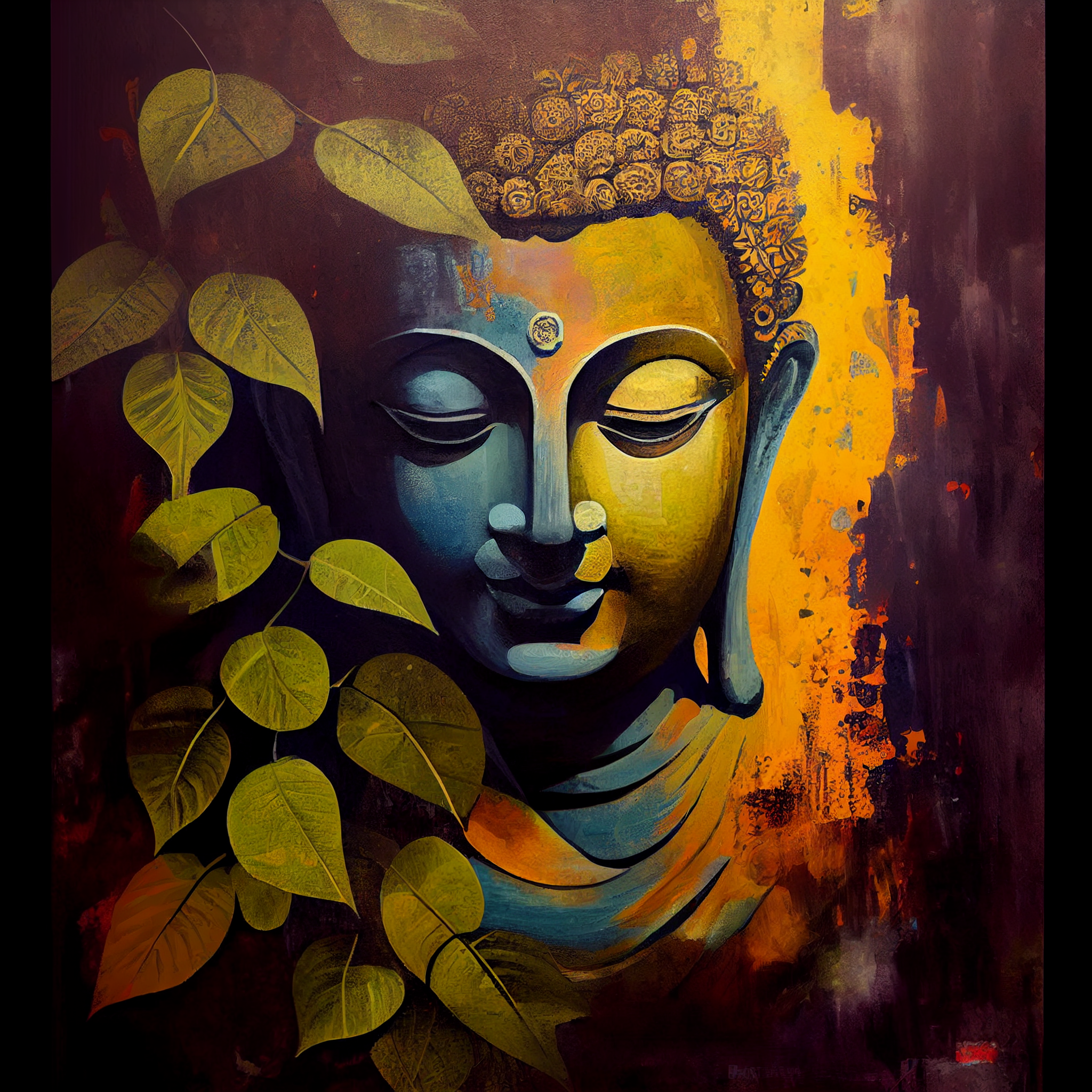 Buddha's Serenity: A Modern Oil Color Print of Lord Buddha's Face with Leaf-like Structures in the Background