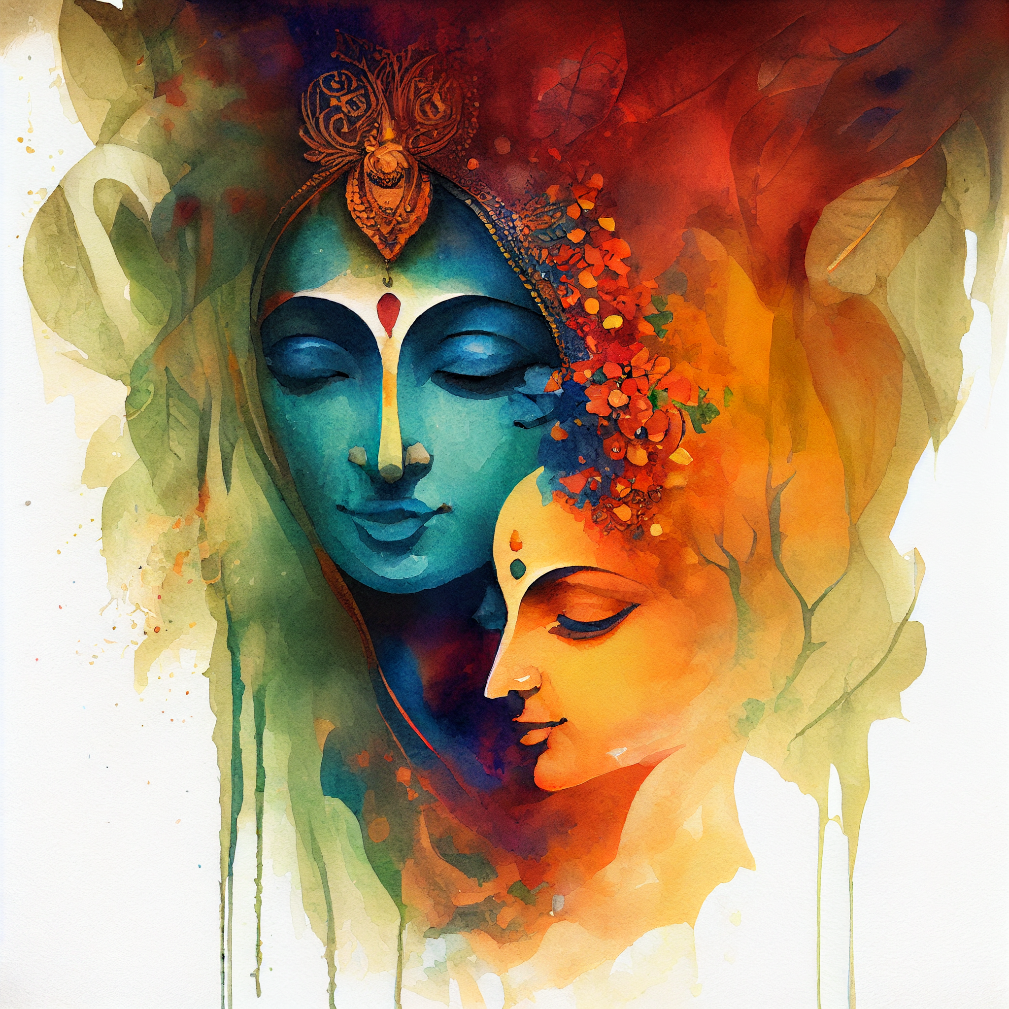 Divine Grace: A Modern Watercolor Portrait Print of Radha Krishna