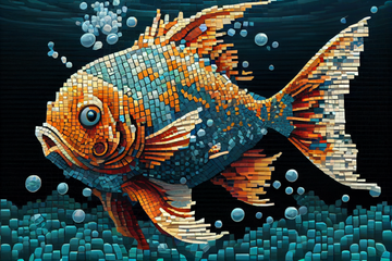 Anime Oceanic Symphony: A Mosaic Art Print of a Colorful Fish in a Lively Underwater World