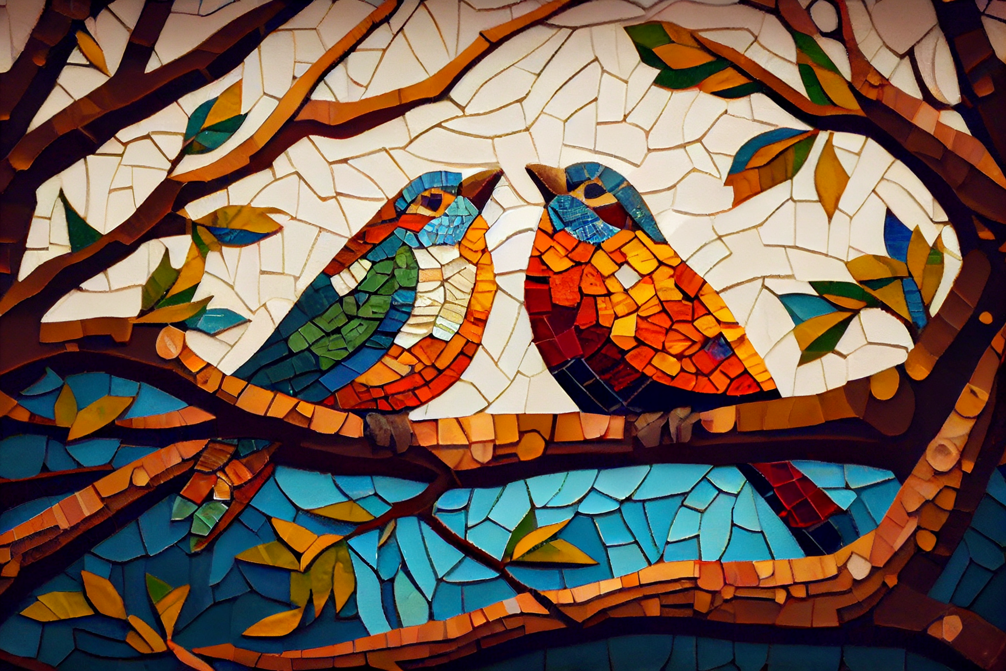 Lovebirds on Mosaic Tree: A Stunning Print of Avian Affection