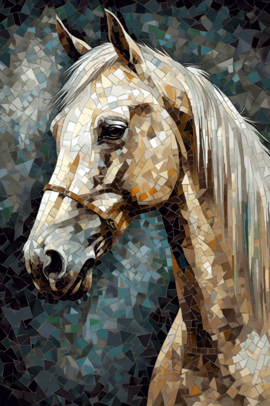 Radiant Equine: A Mosaic Art Print of a Majestic Horse in Contrasting Hues