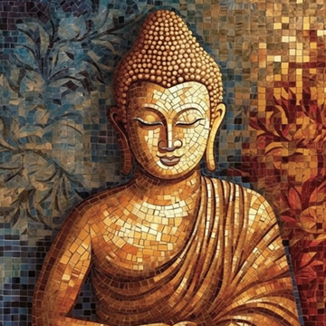 A Golden Mosaic Art Print of Lord Buddha in Rich Hues of Maroon and Blue