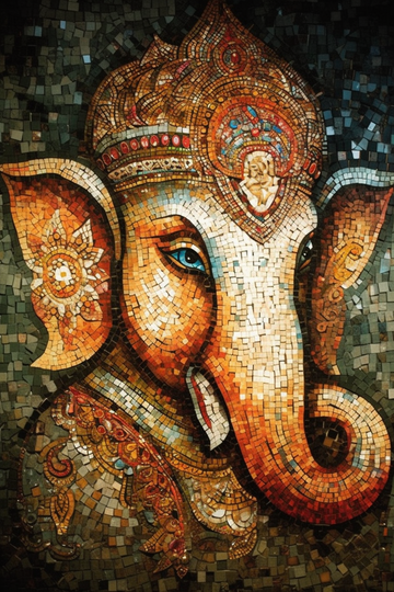 Serenity in Glass: A Mosaic Art Print of Lord Ganesh Face in Light Hues