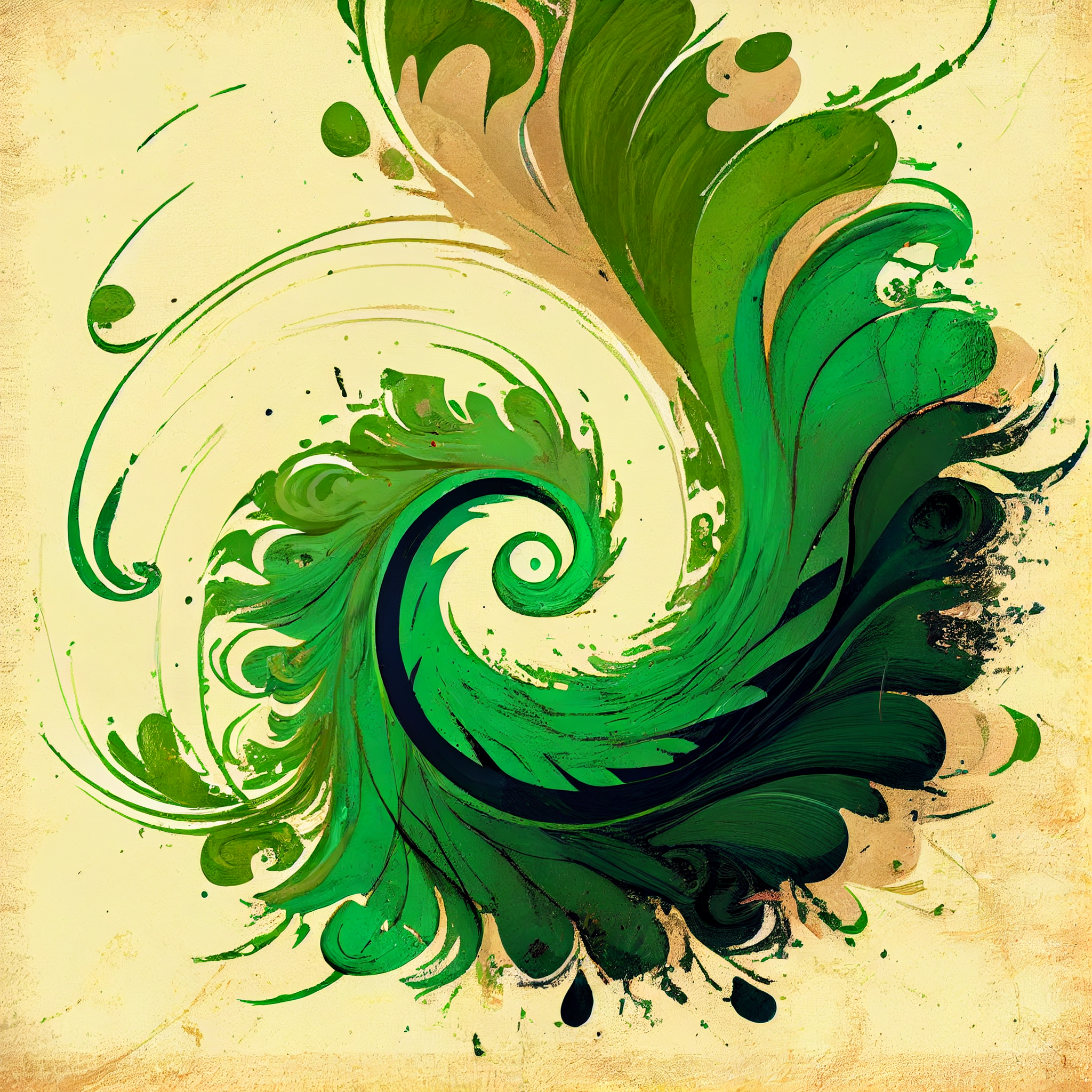 Verdant Swirls: A Beige-Structured Abstract Oil Painting Print with Green Brush Strokes