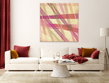 Pastel Geometry: A Vibrant Oil Color Abstract Art Print with Pink Lines and Textured Beige Background