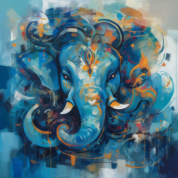 An Abstract Oil Color Painting Print of Lord Ganesha in Shades of Blue