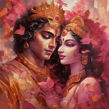 Divine Love in Radiant Hues: A Stunning Oil Color Print of Radha Krishna Adorned with Gold Leaf and Soft Pink Tones