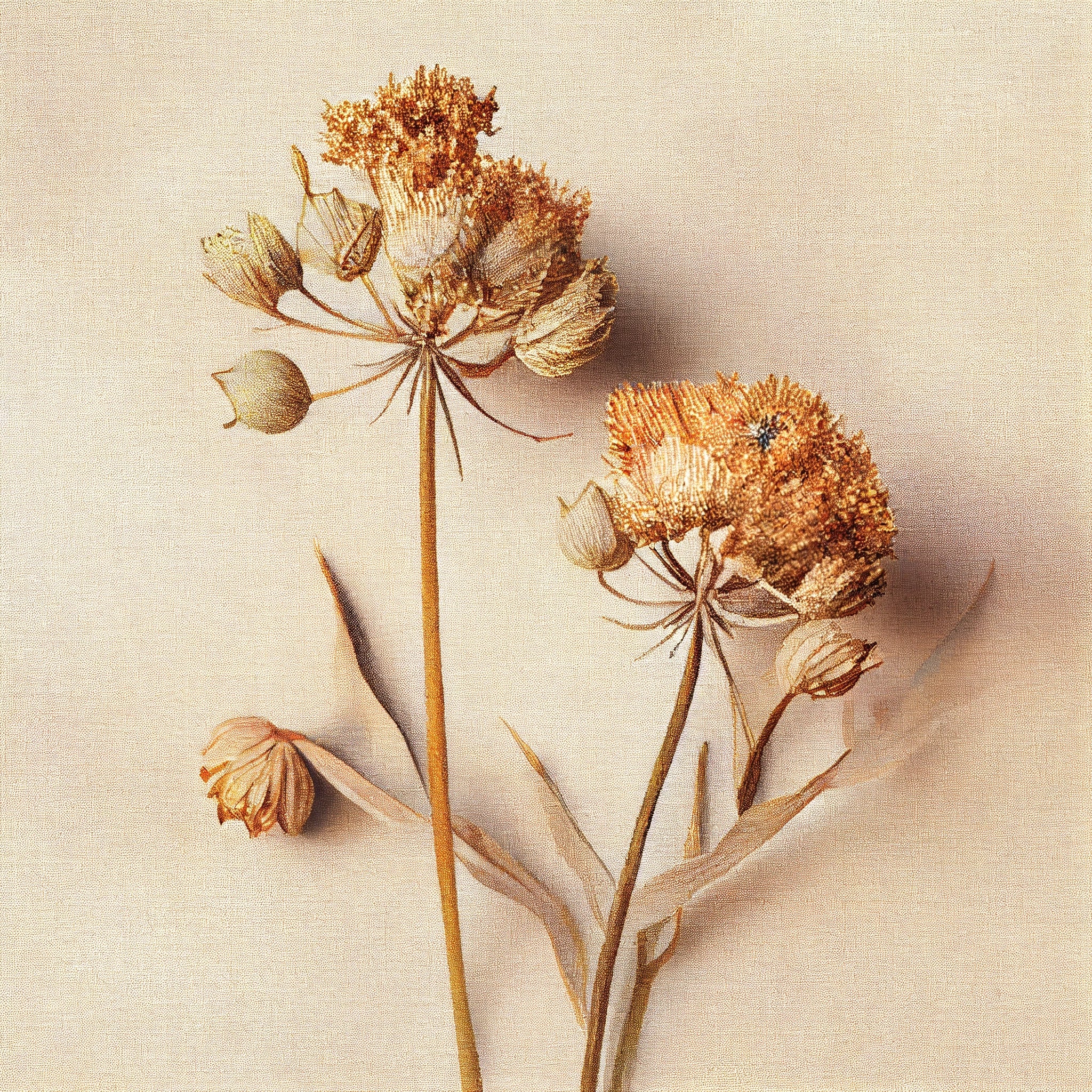 Subtle Beauty: Dried Allium Flowers in Light Beige on Linen