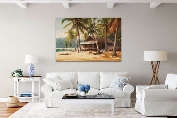 Tropical Paradise: A Beach and Hut Resort Print with Four Coconut Trees