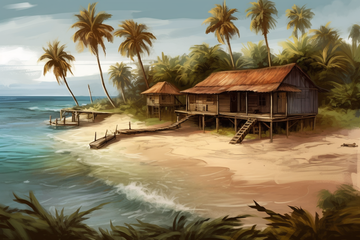 A Vibrant Oil Colour Print of a Serene Beach with Rustic Hut and Majestic Coconut Trees