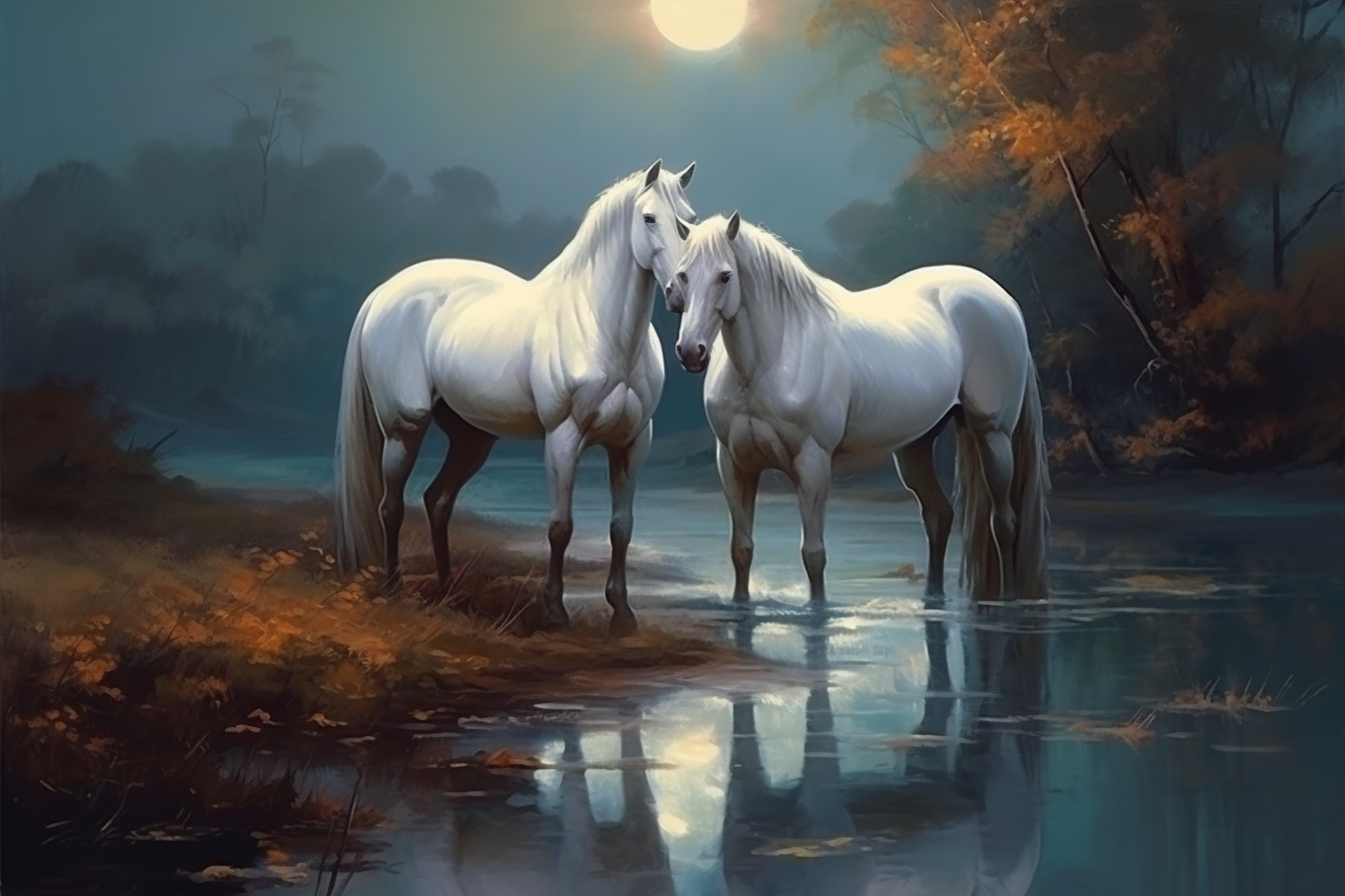 Moonlit Majesty: A Stunning Oil Color Print of Two Shimmering White Horses by the Riverside