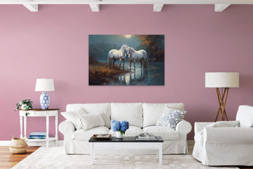 Moonlit Majesty: A Stunning Oil Color Print of Two Shimmering White Horses by the Riverside