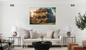 Serene Sunrise: Hyperrealistic Oil Color Print of a Charming Old House Surrounded by Lush Greenery and Colorful Flowers