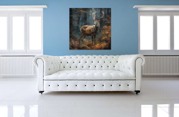 Nature's Majesty: An Oil Color Print of a Majestic Reindeer Standing in a Dense Forest