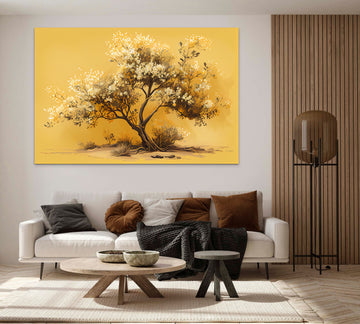 Blooming Majesty: A White-Flowered Tree on Pastel Yellow