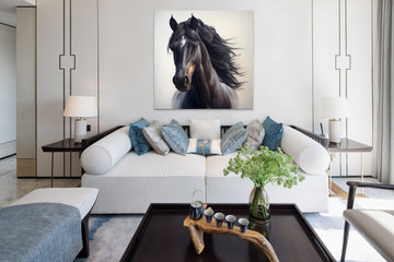 An Oil Color Print of a Majestic Black Stallion on a Dusty White Background