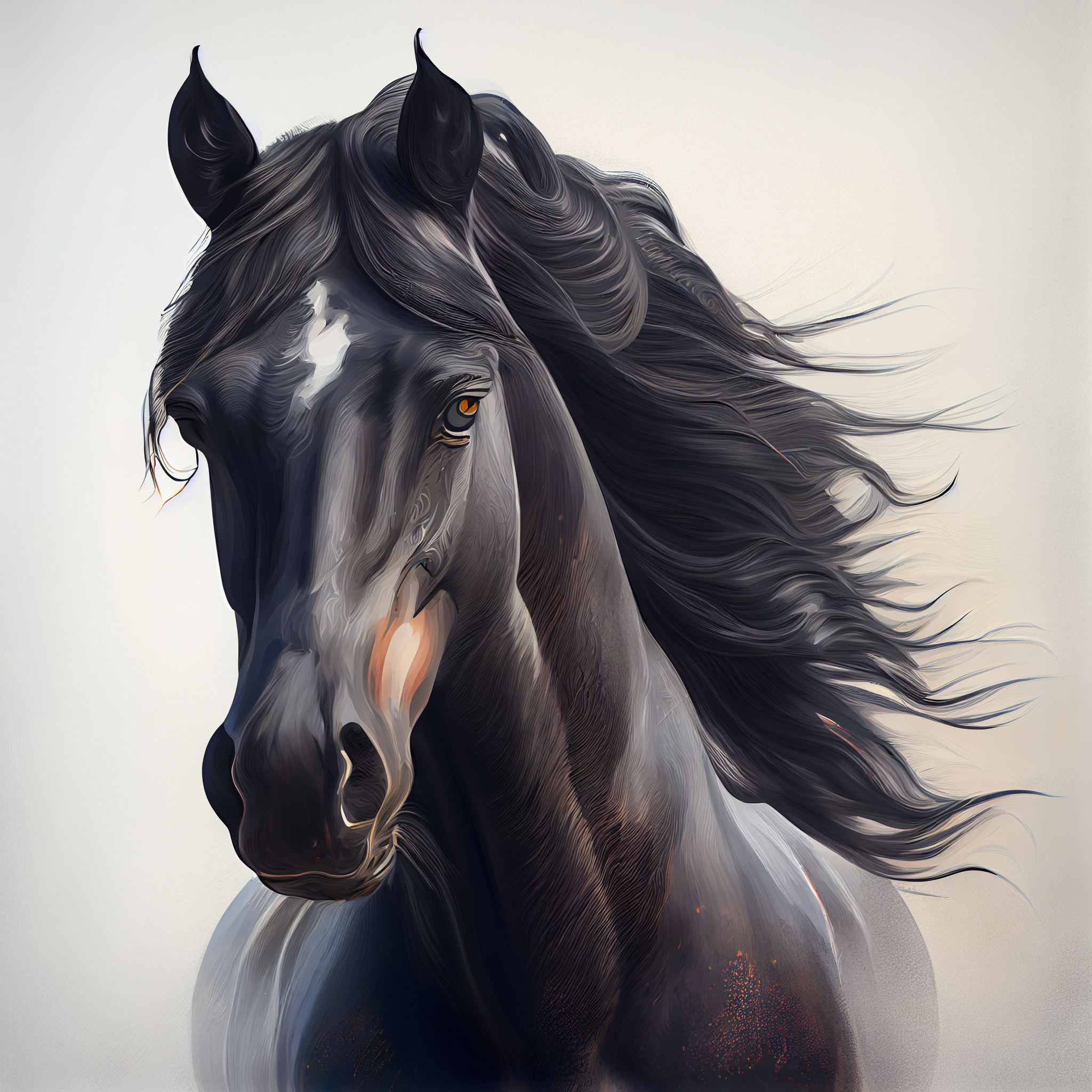 An Oil Color Print of a Majestic Black Stallion on a Dusty White Background