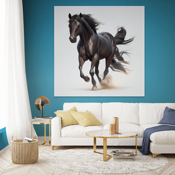 Midnight Majesty: An Oil Painting Print of a Majestic Black Stallion on a Dusty White Background