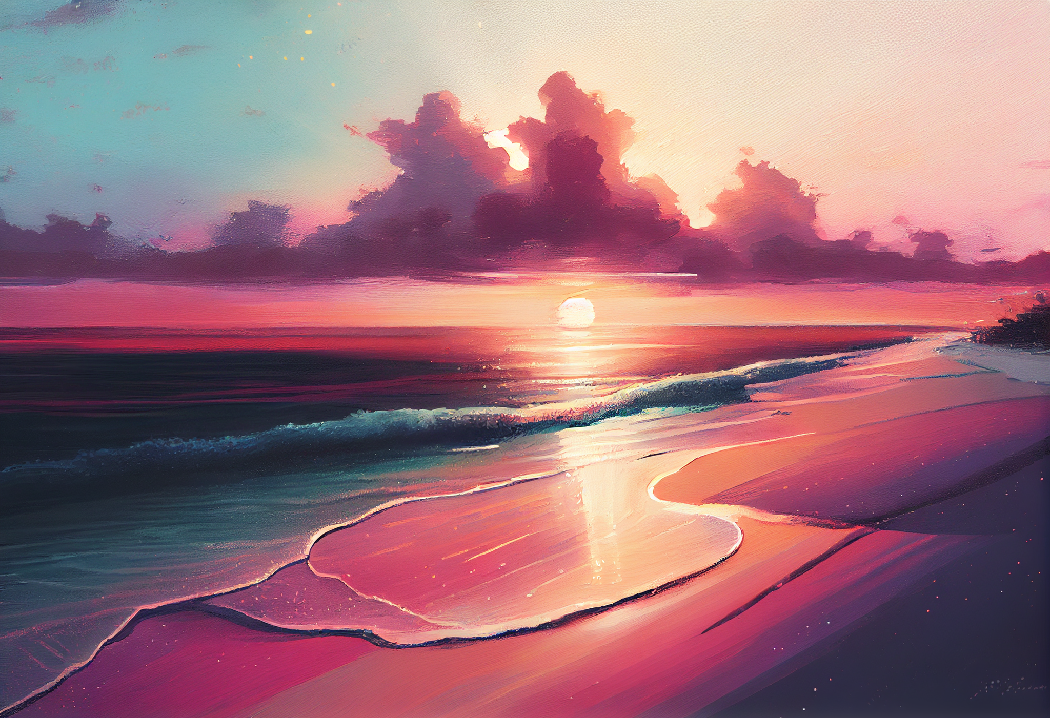 Tranquil Shores: An Oil Color Print of a Calm Sea and White Sand, with Sunbeams Lighting up a Light Orange and Pink Sky