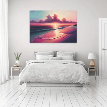 Tranquil Shores: An Oil Color Print of a Calm Sea and White Sand, with Sunbeams Lighting up a Light Orange and Pink Sky