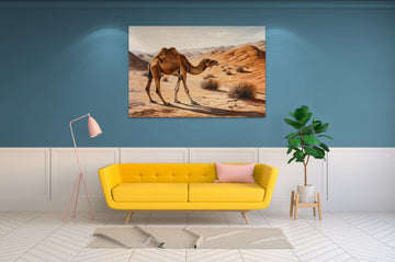 Journey Across the Dunes: Hyperrealistic Oil Painting Print of a Majestic Camel Trekking Through the Desert
