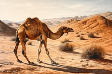 Journey Across the Dunes: Hyperrealistic Oil Painting Print of a Majestic Camel Trekking Through the Desert
