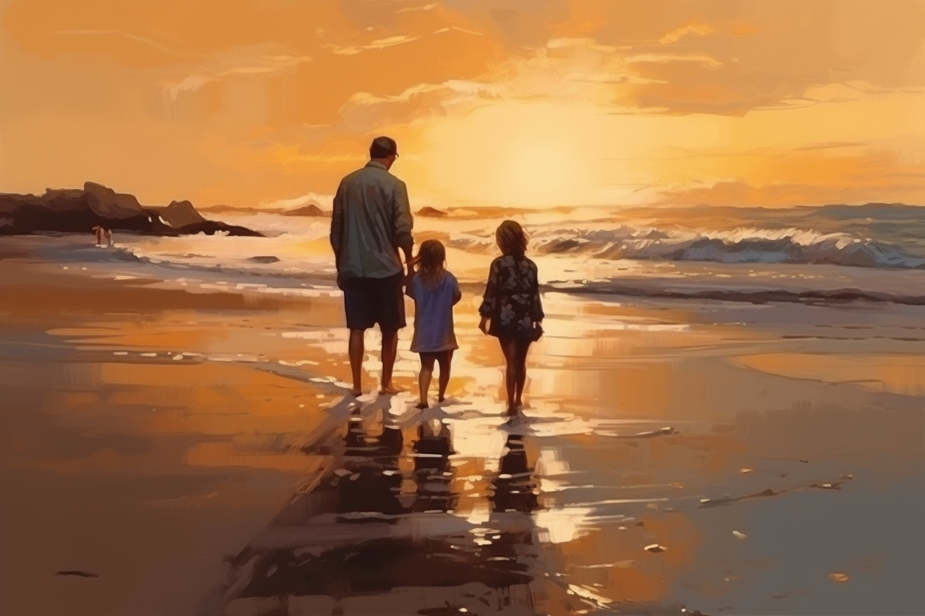 A Bonding Sunrise: A Colorful Oil Painting Print Father's Journey with His Children on the Beach