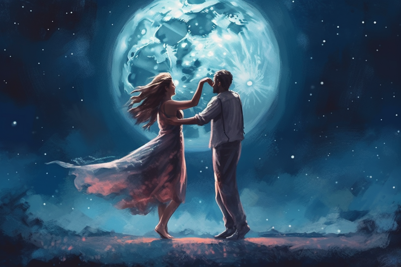 Starry Serenade: A Romantic Oil Color print of a Couple Dancing in the Moonlight
