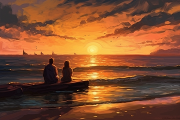 Romantic Sunset on the Beach: A Stunning Oil Color Print of a Couple Embracing