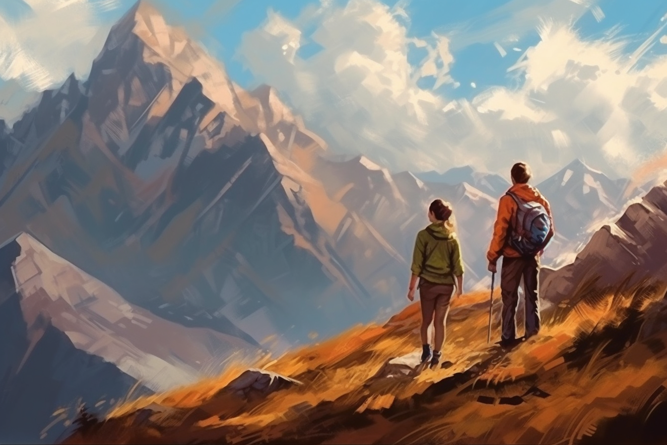 A Stunning Oil Color Painting Print of a Couple Embracing in the Majestic Mountains on a Beautiful Day