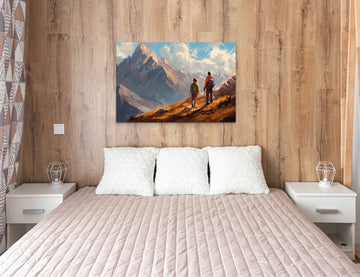 A Stunning Oil Color Painting Print of a Couple Embracing in the Majestic Mountains on a Beautiful Day