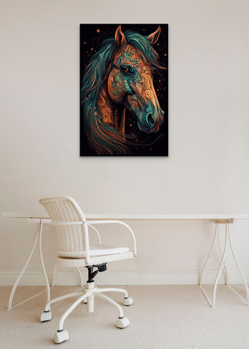 A Stunning Oil Color Print of a Decorative Horse Face on a Black Background