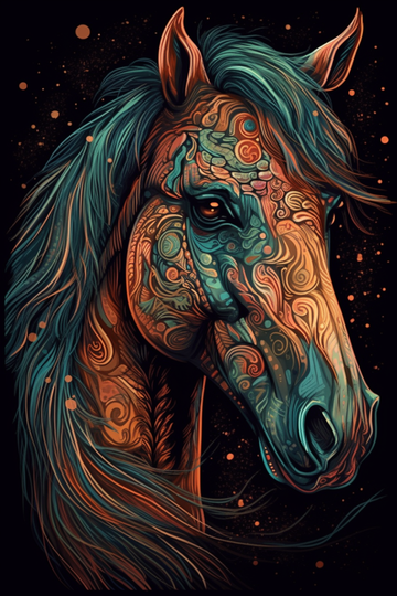 A Stunning Oil Color Print of a Decorative Horse Face on a Black Background