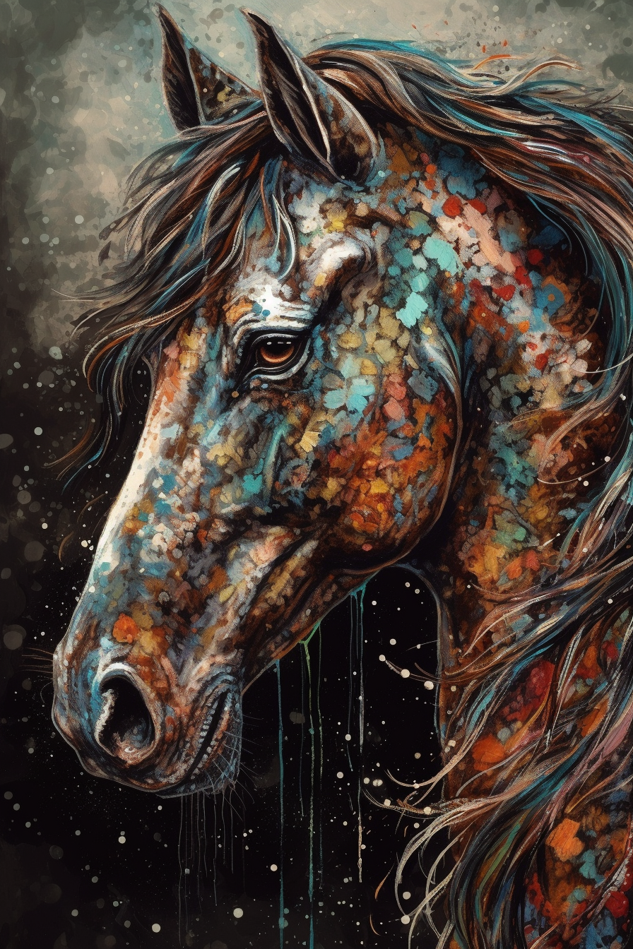 Vibrant Equine Majesty: A Stunning Abstract Oil Color Painting Print of a Decorative Horse Face