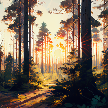 Pristine Pine Forest: A Vibrant Oil Color Print with Sun-Kissed Trees