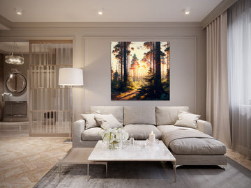 Pristine Pine Forest: A Vibrant Oil Color Print with Sun-Kissed Trees