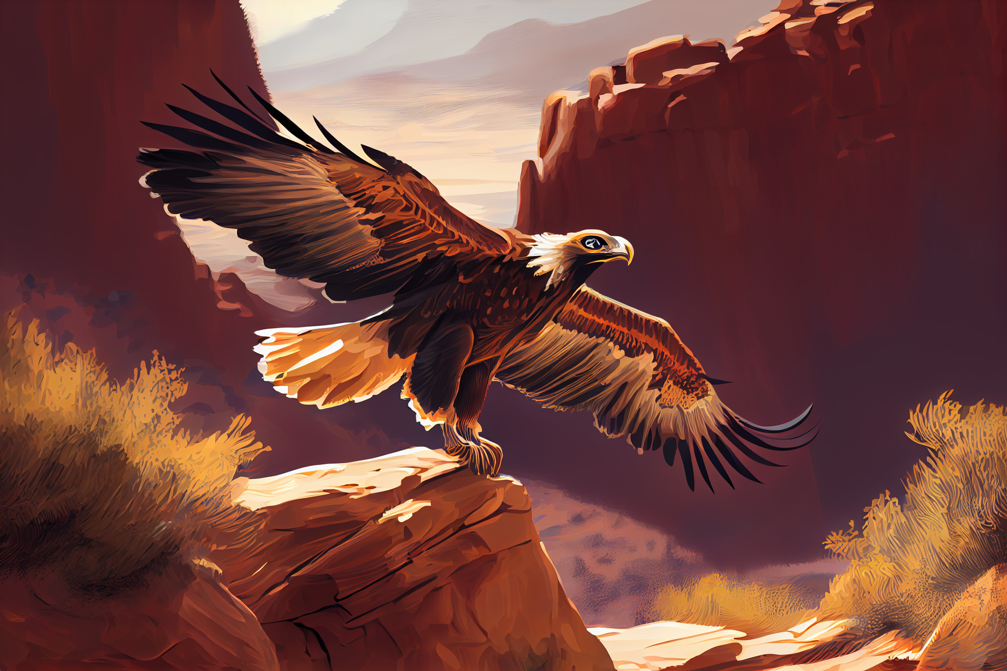 Wings of Freedom: An Oil Color Print of the Majestic Golden Eagle in Flight