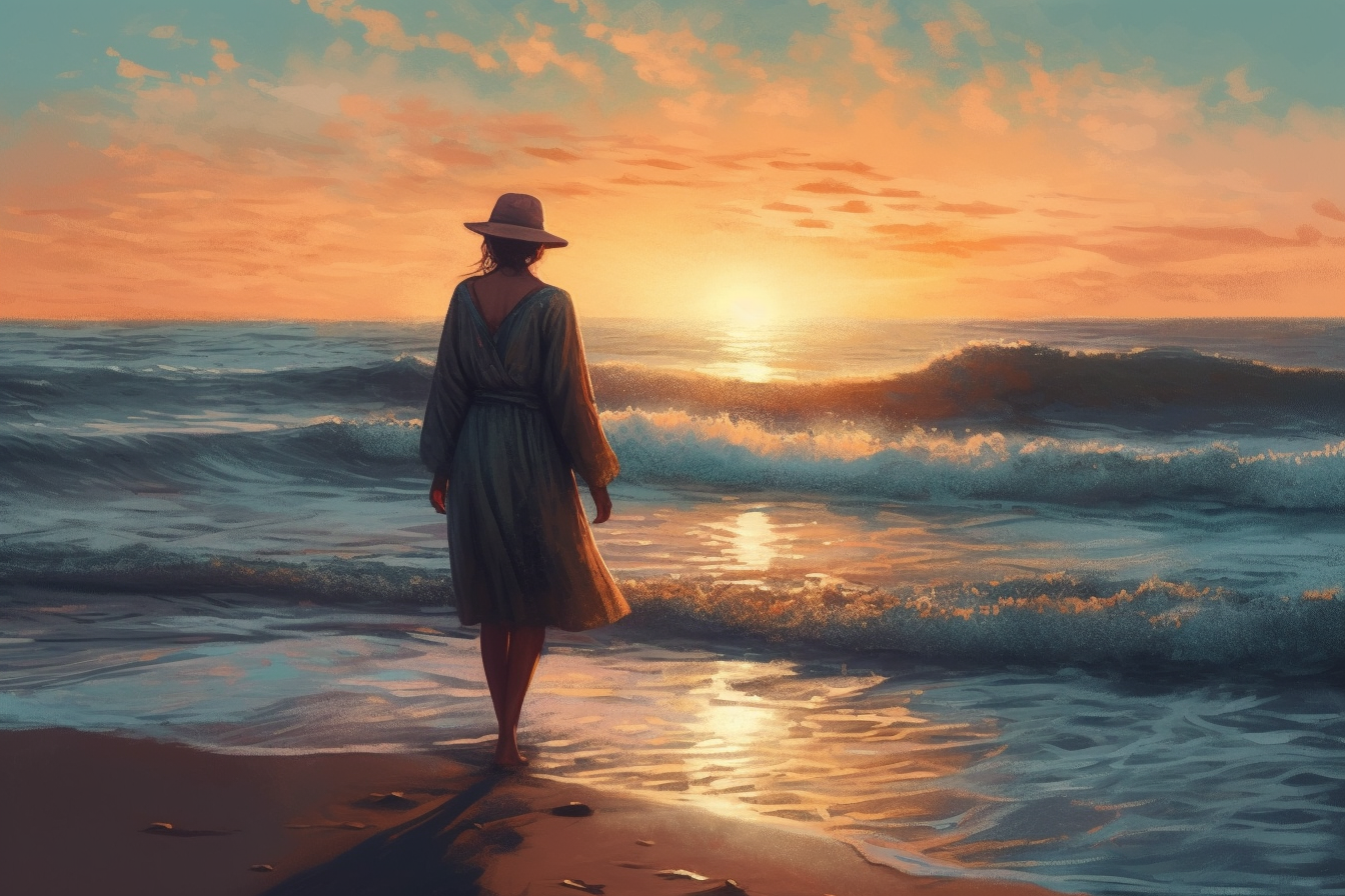 Golden Dawn: A Hyperrealistic Oil Color Print of a Lady by the Seashore at Sunrise