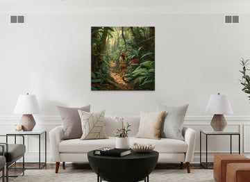 A Lady's Adventure: Hyperrealistic Oil Color Print of a Woman in a Jungle with a Hat