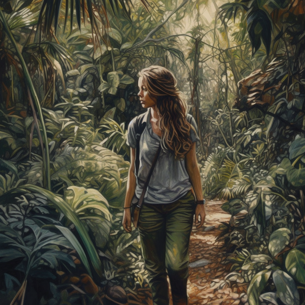 A Walk Through the Jungle: Oil Color Print of a Woman Embracing Nature