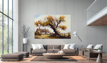 Autumn Windswept: A Captivating Oil Illustration of an Old Village Tree in the Breeze