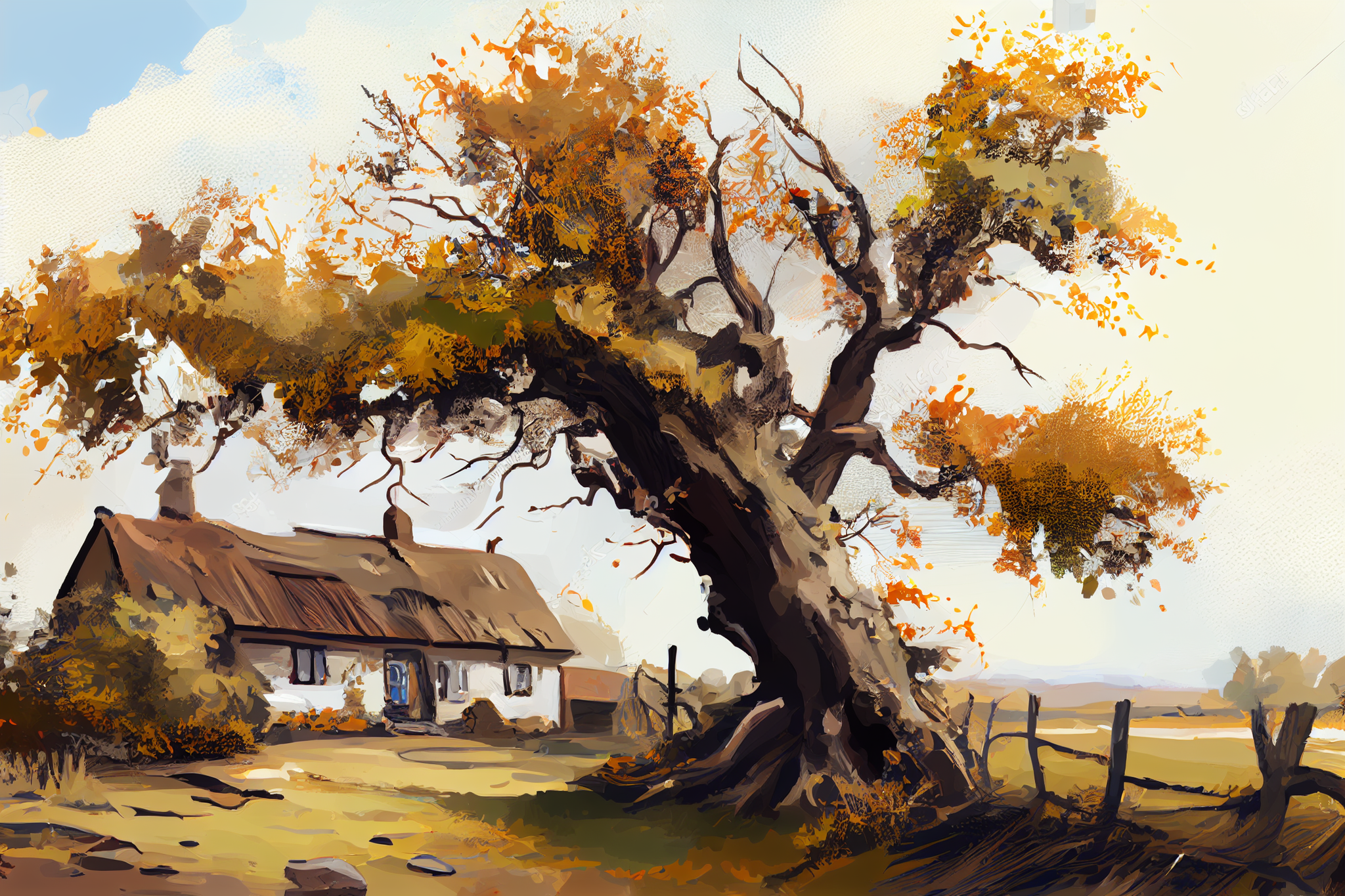 Autumn Windswept: A Captivating Oil Illustration of an Old Village Tree in the Breeze