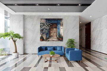 Enchanted Entrance: An Oil Color Print of a Wooden Door Covered in Blue and White Flowers