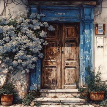 Enchanted Entrance: An Oil Color Print of a Wooden Door Covered in Blue and White Flowers