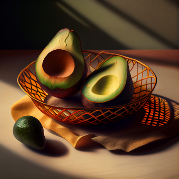 Fresh Harvest: A Luscious Oil Color Print of Ripe Avocado Halves Resting in a Basket