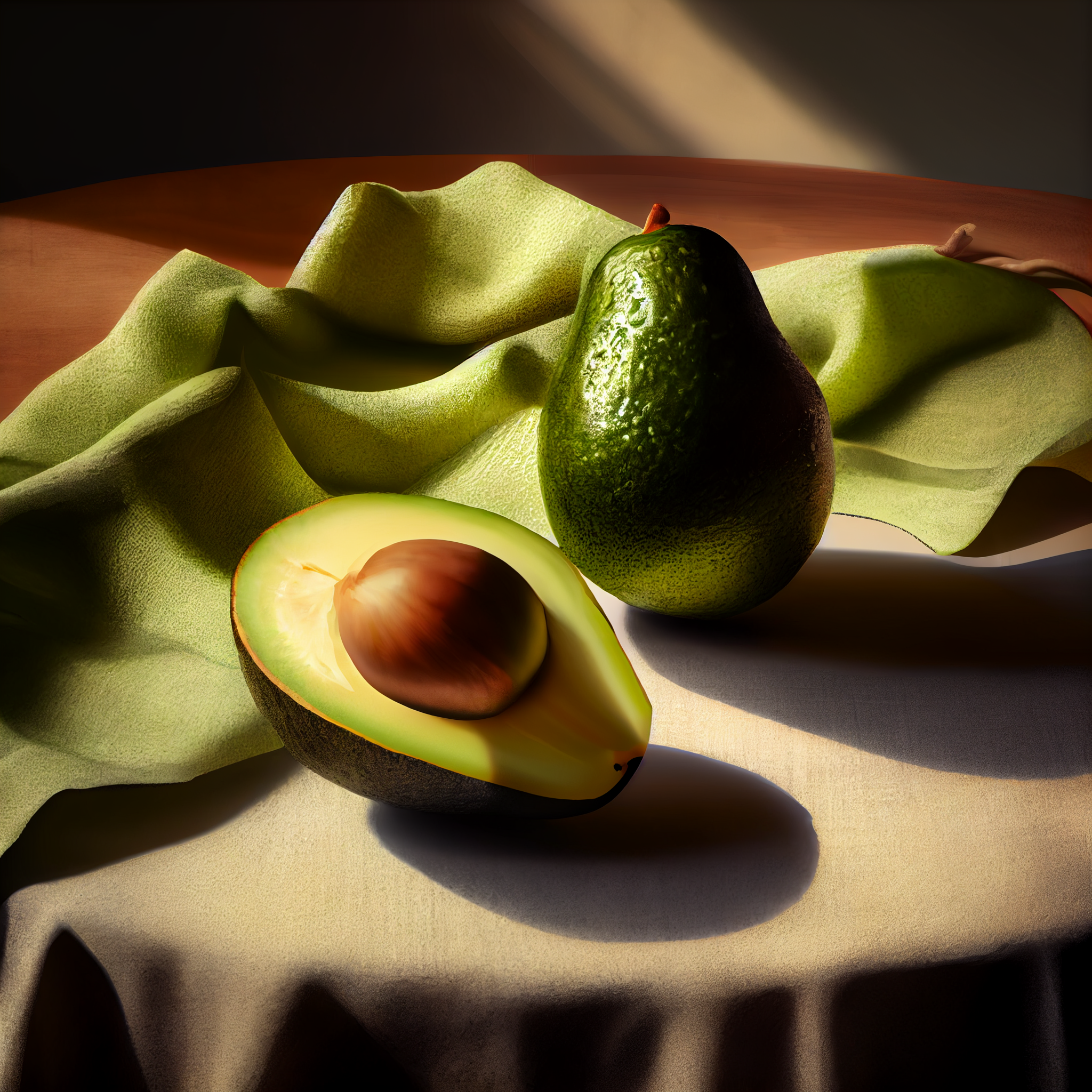 Ripe and Ready: A Stunning Oil Color Print of Avocado Halves on a Tablecloth