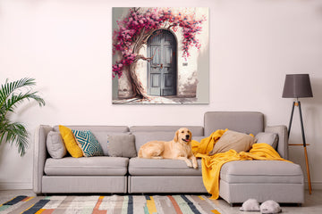 Serene Beauty: A Pastel Grey Door Covered with Pink Flowers and Tree Branches