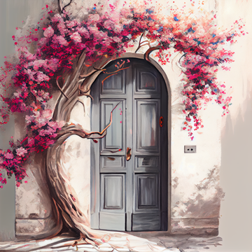 Serene Beauty: A Pastel Grey Door Covered with Pink Flowers and Tree Branches