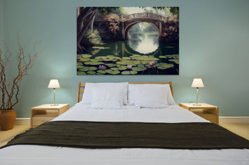 Tranquil Beauty: Oil Color Painting Print of a Pond with Water Lilies, Trees, and Bridge